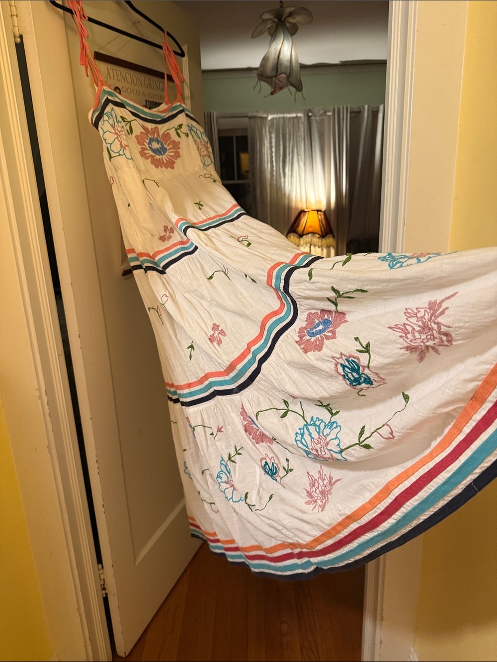 Anthropologie White Floral Maxi Dress with Pink and Blue Accents - Picture 4 of 6